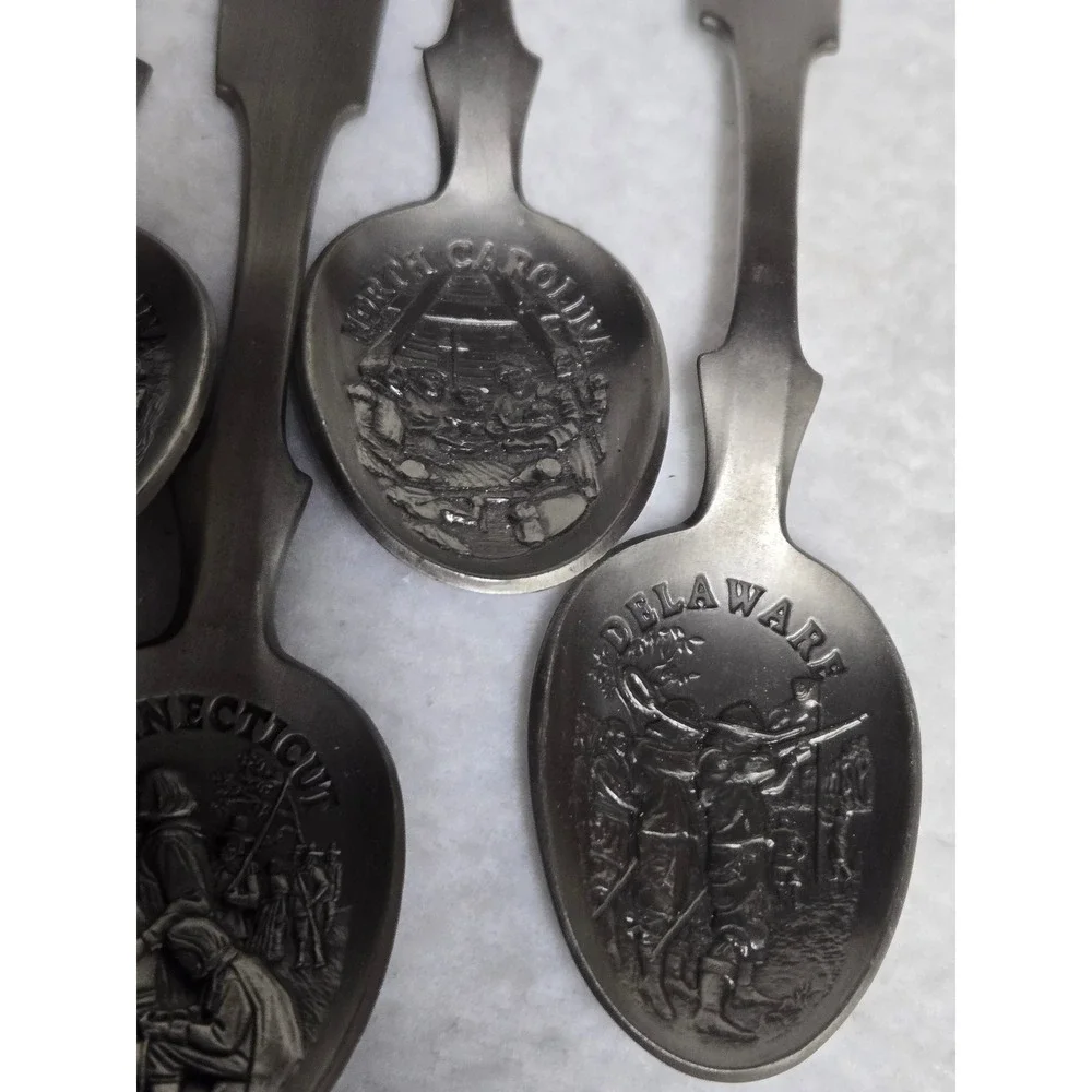 Vintage 1976 Franklin Mint 13 Colonies Pewter Souvenir Spoon Set Bicentennial